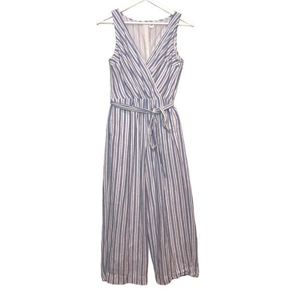 GAP Linen Cotton Jumpsuit Size 4 Blue Striped Apron Wide Leg Cropped - Picture 3 of 9